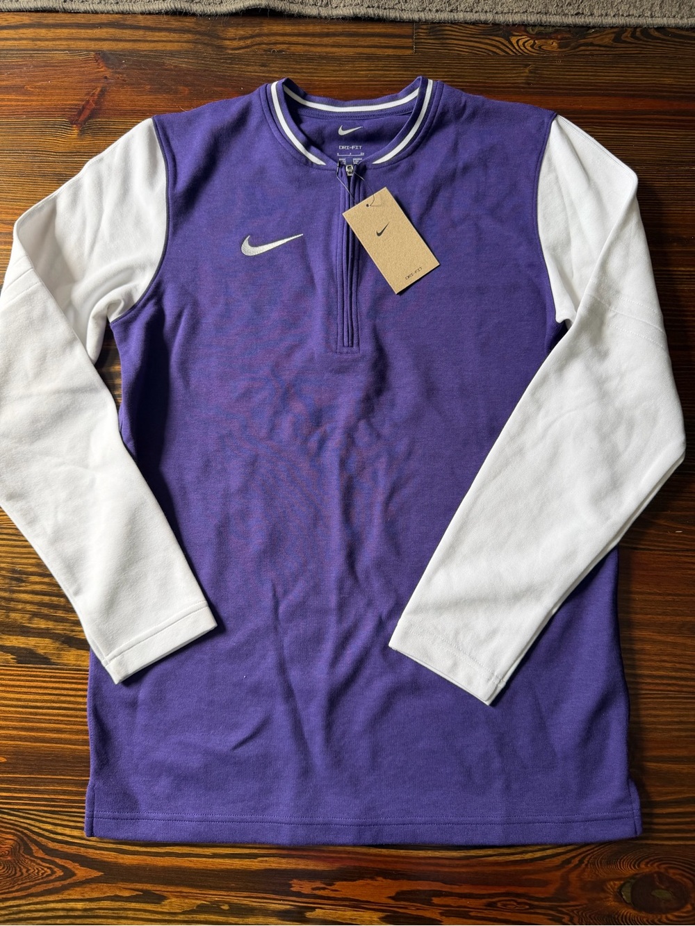 Nike Men's Purple Half-Zip Long Sleeve Top with White Sleeves